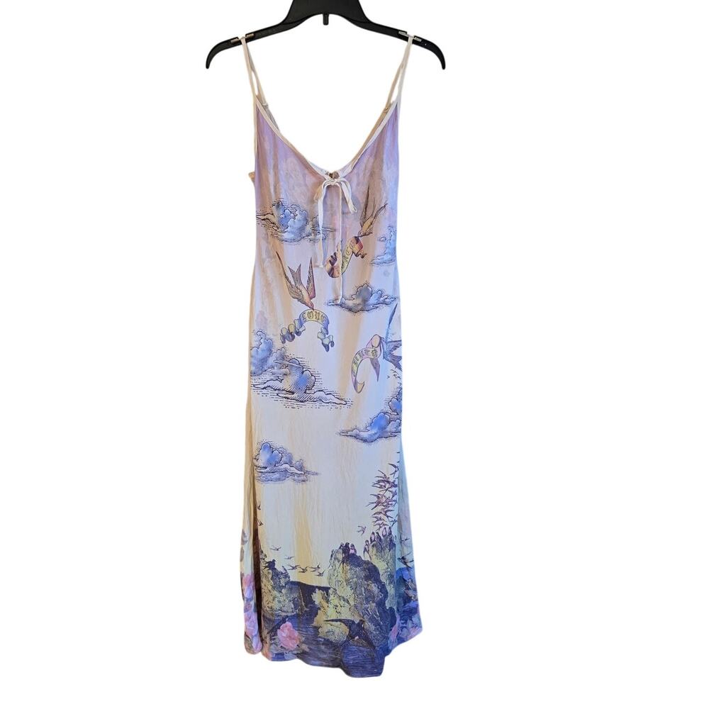 Y2K Butterfly Dropout 100% silk semi sheer tattoo dove unicorn midi dress size L